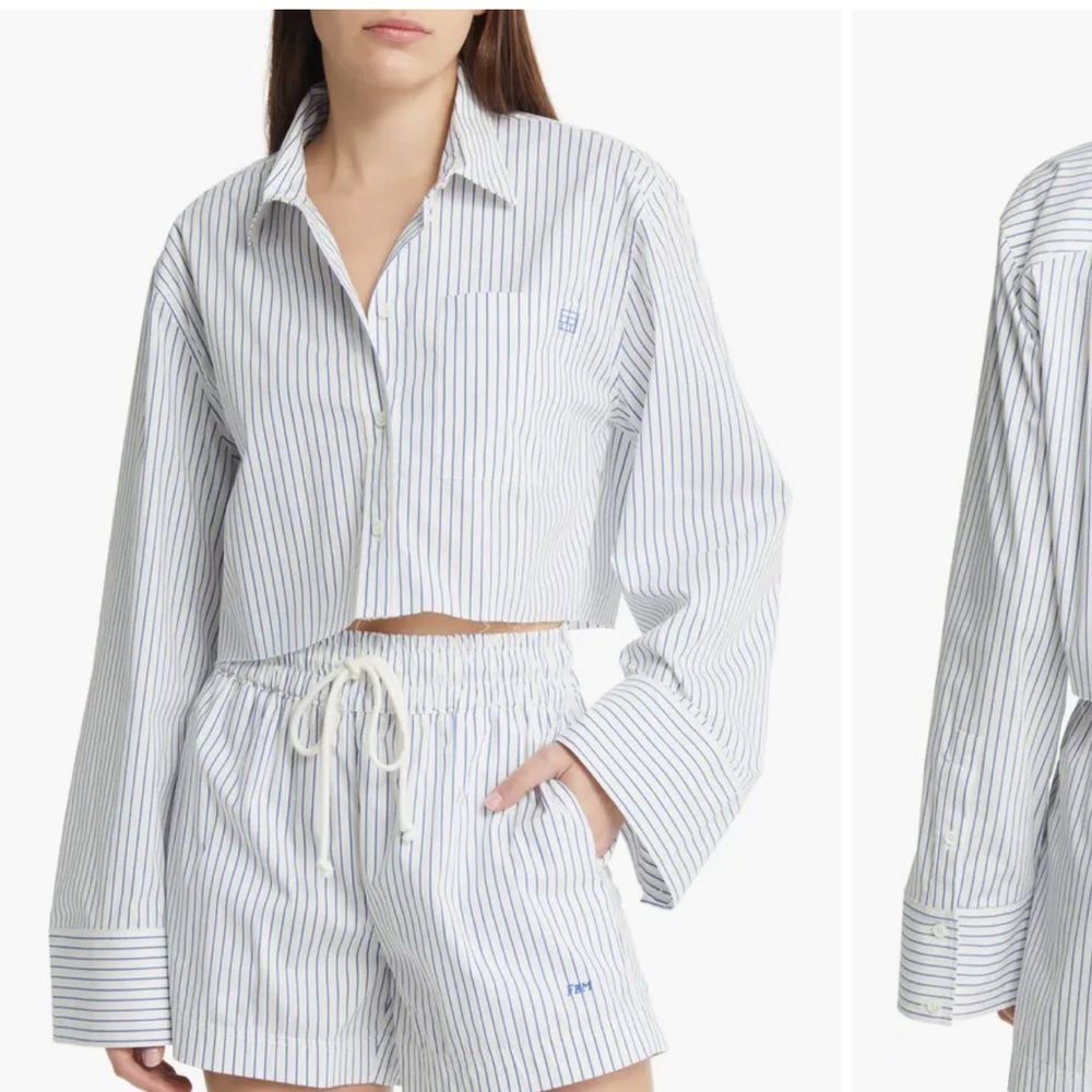 Frame Denim White and Blue Striped Cropped Button-Down Shirt